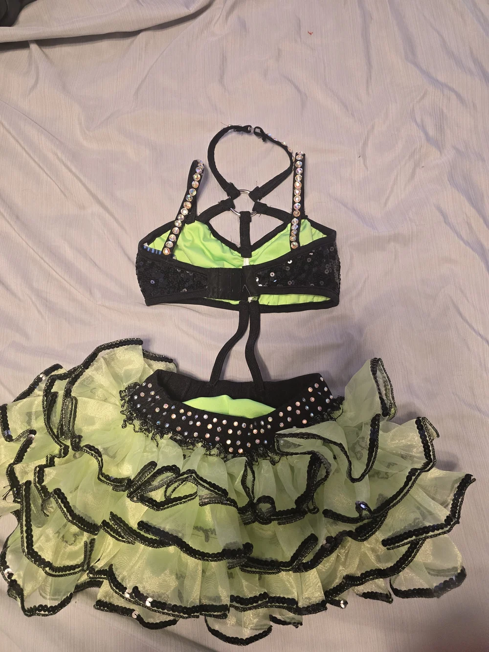 Glamour Neon Green and Black Sequin Ruffle Dance Costume with Rhinestones